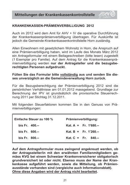 Mitteilungsblatt 01/2012 - in der Gemeinde Horn