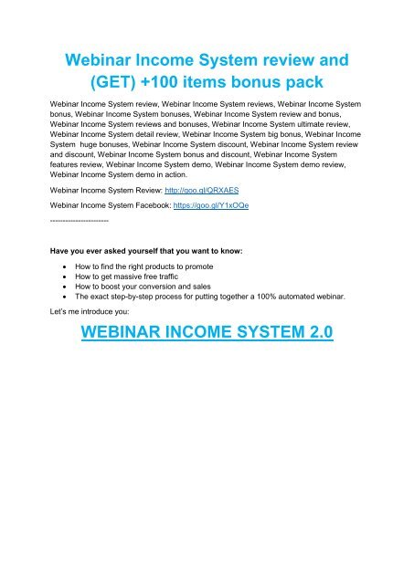 Webinar Income System review - EXCLUSIVE bonus 
