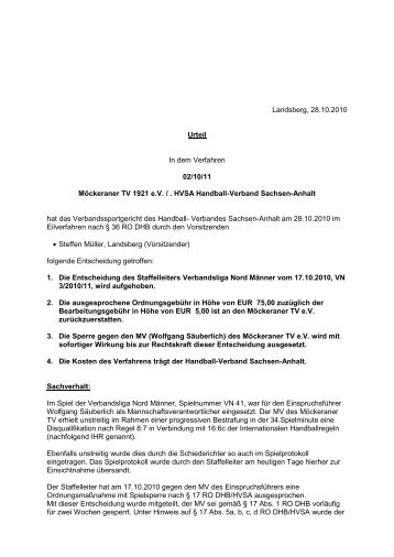 Landsberg, 28.10.2010 Urteil In dem Verfahren 02/10/11 - HVSA