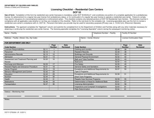 Licensing Checklist – Residential Care Centers DCF 52
