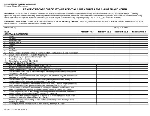 RESIDENT RECORD CHECKLIST – RESIDENTIAL CARE CENTERS FOR CHILDREN AND YOUTH