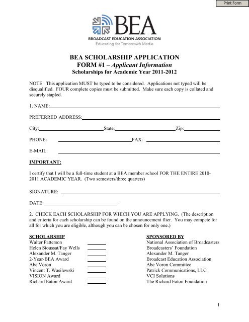 BEA SCHOLARSHIP APPLICATION FORM #1 – Applicant Information