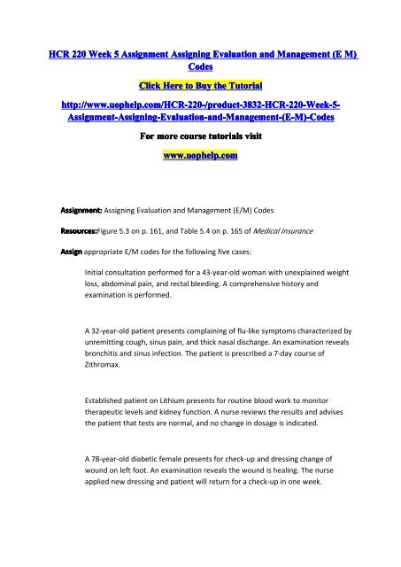 HCR 220 Week 5 Assignment Assigning Evaluation and Management (E M ...