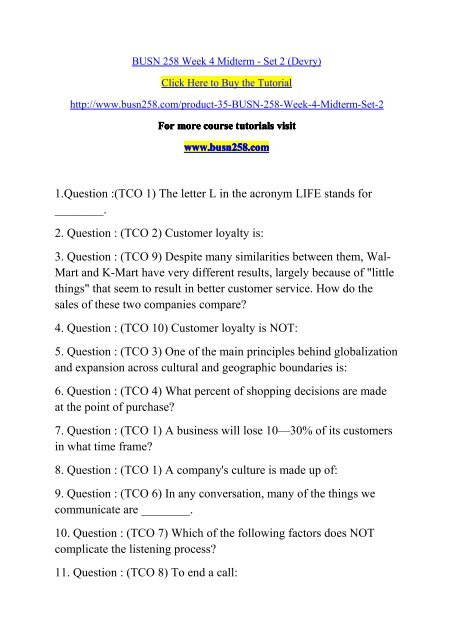 BUSN 258 Week 4 Midterm - Set 2 (Devry)