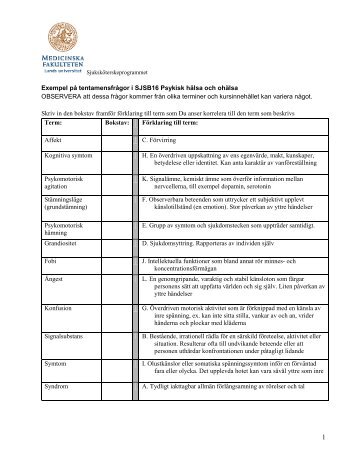 Exempel på tentamensfrågor i SJSA16 Psykisk hälsa och ohälsa