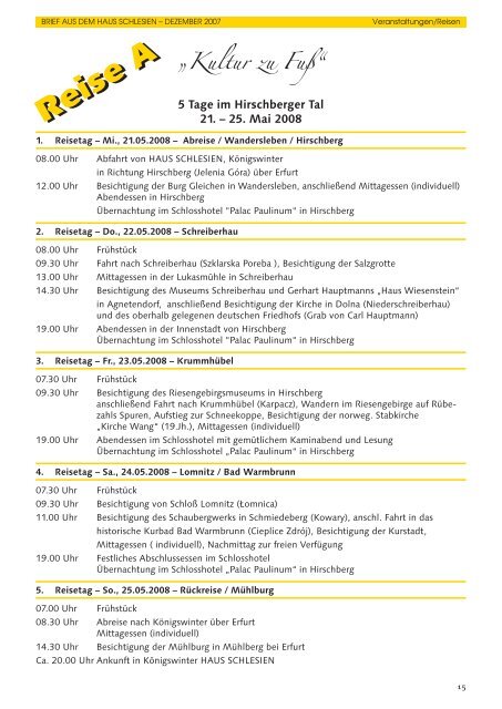 Veranstaltungsprogramm Schlesienreisen - Haus Schlesien