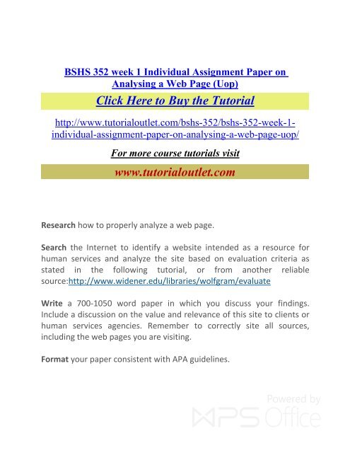 BSHS 352 week 1 Individual Assignment Paper on Analysing a Web Page.pdf /Tutorialoutlet