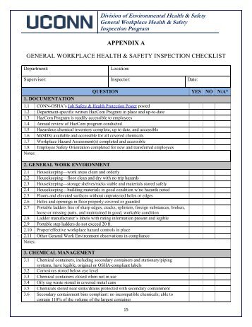 APPENDIX A GENERAL WORKPLACE HEALTH & SAFETY INSPECTION CHECKLIST