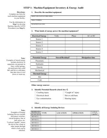 Lockout Tagout Machine Specific Procedure Forms