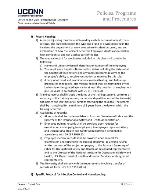 Bloodborne Pathogens Exposure Control Plan