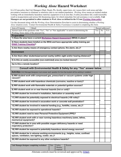 Working Alone Hazard Worksheet - Environmental Health & Safety