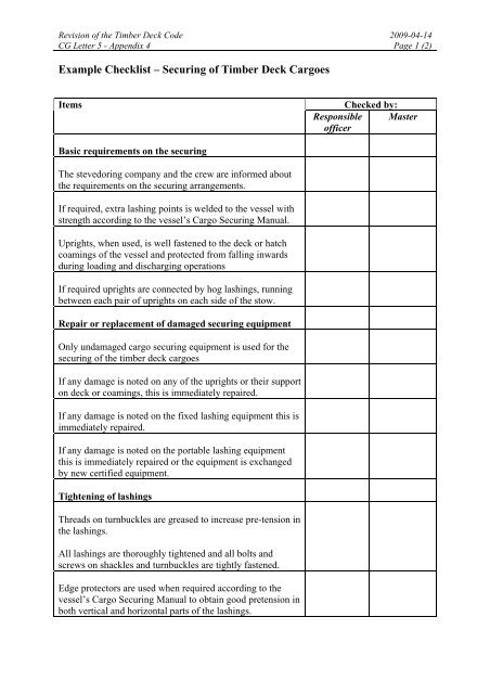 Example Checklist – Securing of Timber Deck Cargoes