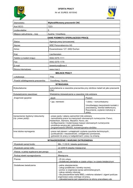 oferta pracy Nr 337/2013 Wykwalifikowany pracownik CNC (PDF ...