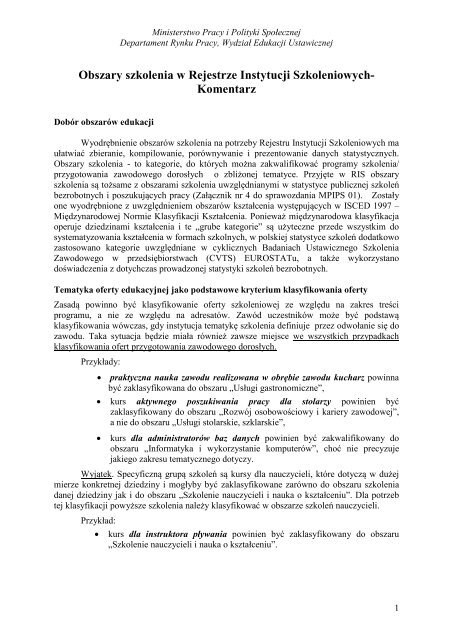 Obszary szkolenia w Rejestrze Instytucji Szkoleniowych- Komentarz
