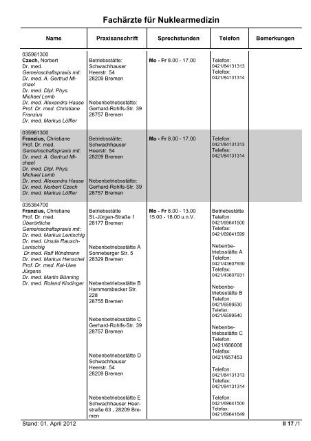 Fachärzte für Innere Medizin - Hausärztliche Versorgung - KVHB