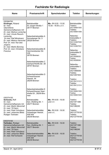 Fachärzte für Innere Medizin - Hausärztliche Versorgung - KVHB