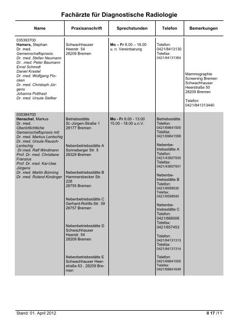 Fachärzte für Innere Medizin - Hausärztliche Versorgung - KVHB