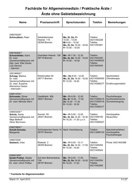 Fachärzte für Innere Medizin - Hausärztliche Versorgung - KVHB