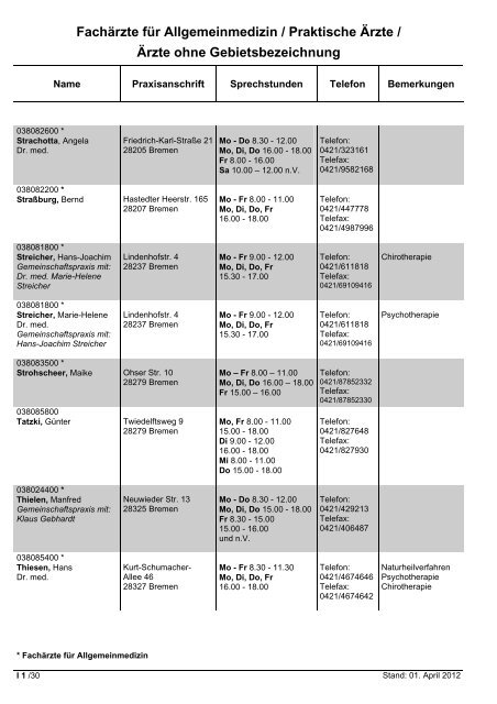 Fachärzte für Innere Medizin - Hausärztliche Versorgung - KVHB