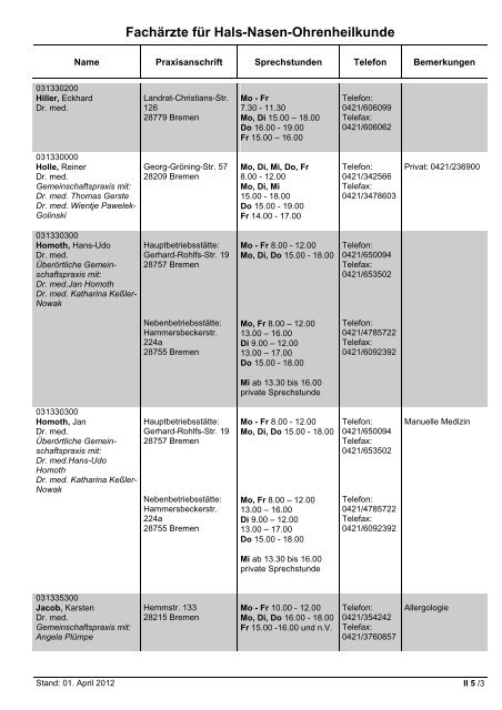 Fachärzte für Innere Medizin - Hausärztliche Versorgung - KVHB