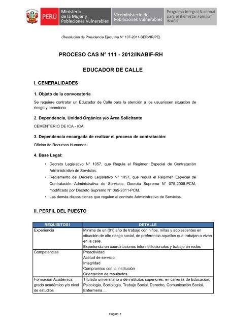 PROCESO CAS N° 111 - 2012/INABIF-RH EDUCADOR DE CALLE