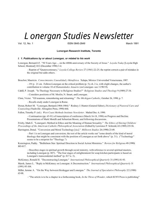 Lonergan Studies Newsletter - The Bernard Lonergan Web Site