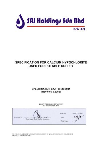 Specification for Calcium Hypochlorite Used For Potable Water Supply