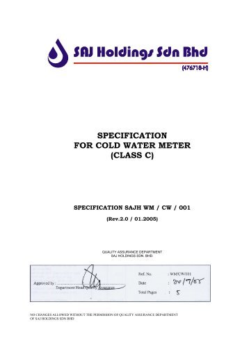 SPECIFICATION FOR COLD WATER METER - SAJ