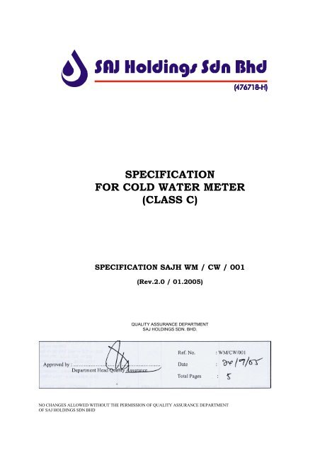 SPECIFICATION FOR COLD WATER METER - SAJ
