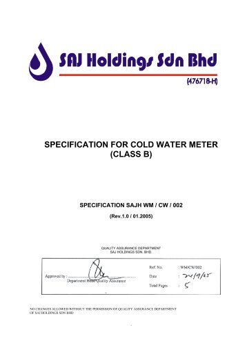 SPECIFICATION FOR COLD WATER METER (CLASS B)