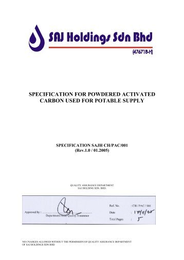 SPECIFICATION FOR POWDERED ACTIVATED CARBON USED FOR POTABLE SUPPLY