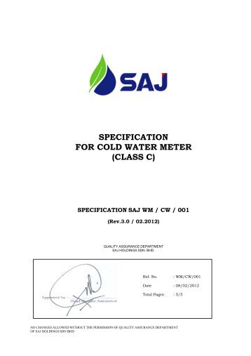 SAJ Specification for Cold Water Meter (Class C)