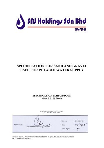 SPECIFICATION FOR SAND AND GRAVEL USED FOR POTABLE WATER SUPPLY