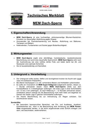 Technisches Merkblatt MEM Dach-Sperre - MEM Bauchemie GmbH