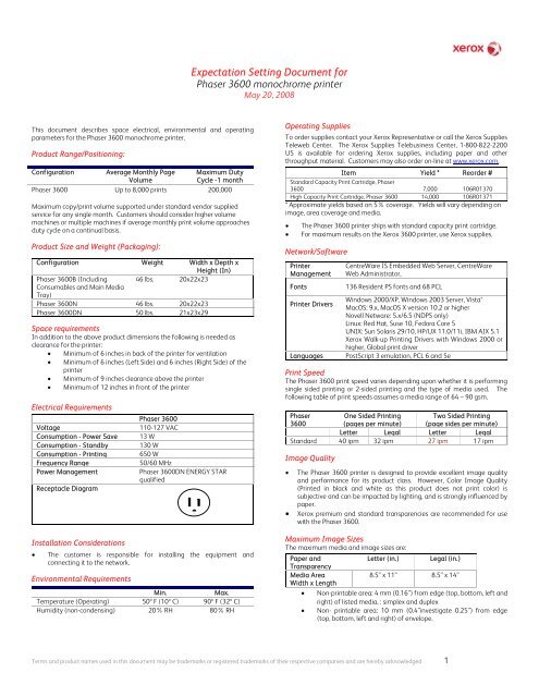 Expectation Setting Document For Phaser 3600 Monochrome Printer