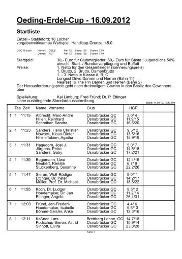 PC CADDIE, Oeding-Erdel-Cup - Startliste - Osnabrücker Golf Club eV