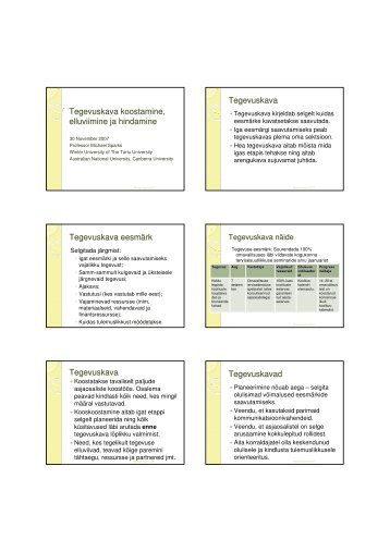 Tegevuskava koostamine, elluviimine ja hindamine Tegevuskava ...