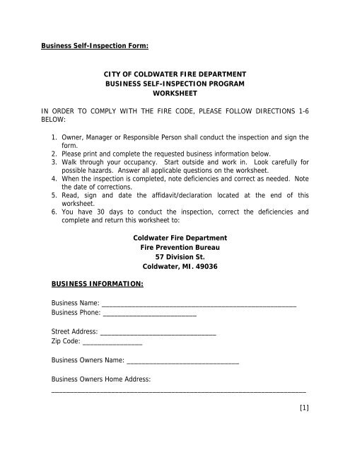 Business Self-Inspection Form: CITY OF COLDWATER FIRE ...