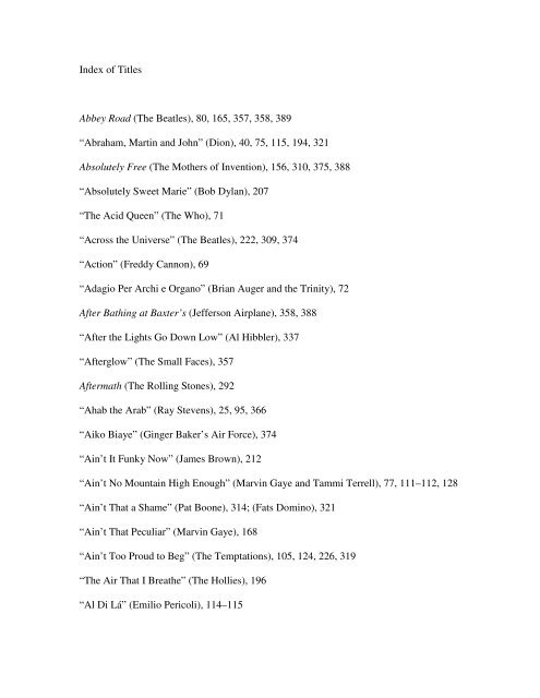 Index of Titles Abbey Road (The Beatles) - Oxford University Press