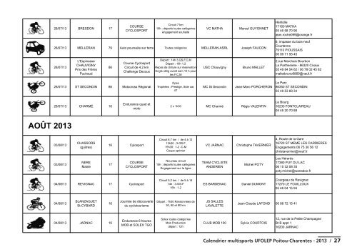 Calendrier Ufolep Poitou Charentes 2013