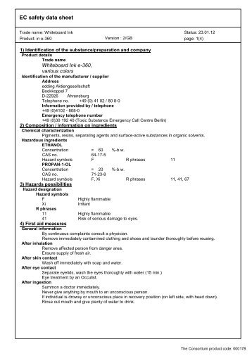 EC safety data sheet Whiteboard Ink e-360 various colors