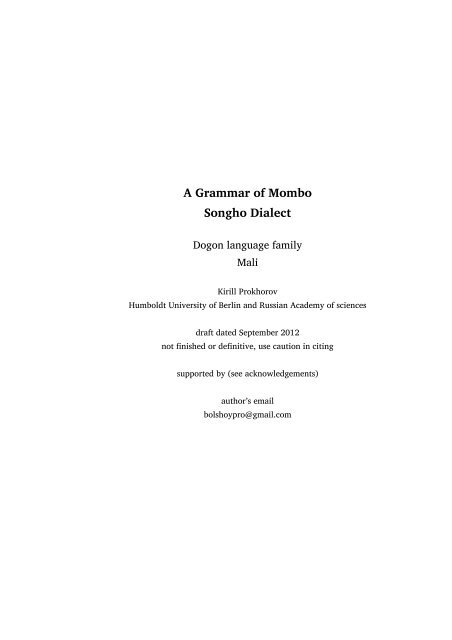 A Grammar of Mombo Songho Dialect