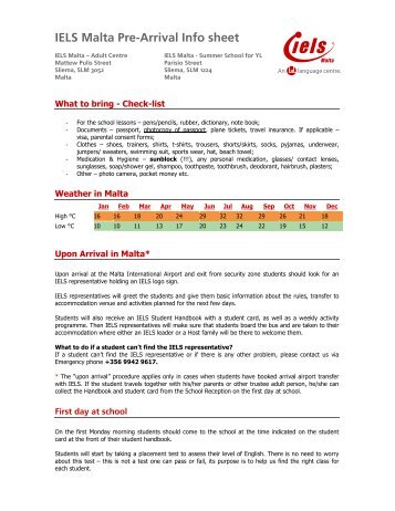 IELS Malta Pre-Arrival Info sheet