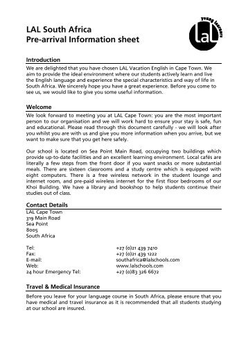 LAL South Africa Pre-arrival Information sheet