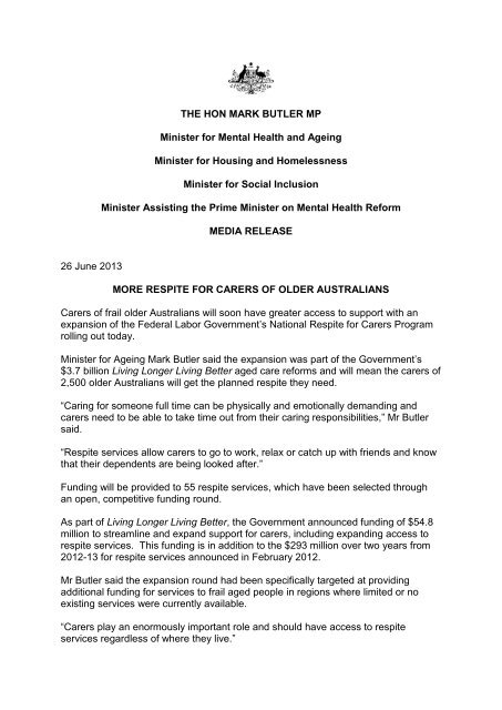 THE HON MARK BUTLER MP Minister for Mental ... - Carers WA
