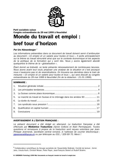 Monde du travail et emploi: bref tour d'horizon - SP Schweiz