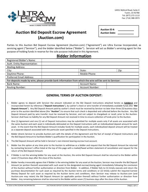 Auction Bid Deposit Escrow Agreement (Auction.com) Bidder Information