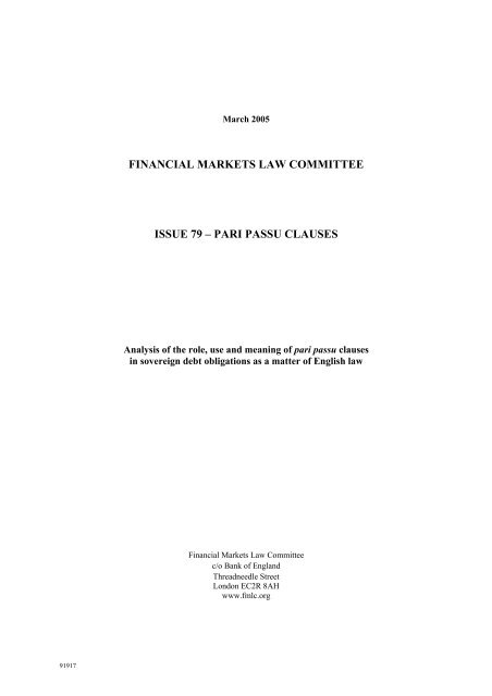 FINANCIAL MARKETS LAW COMMITTEE ISSUE 79 – PARI PASSU CLAUSES