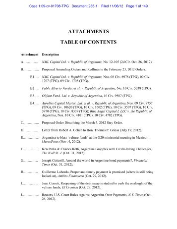 ATTACHMENTS TABLE OF CONTENTS