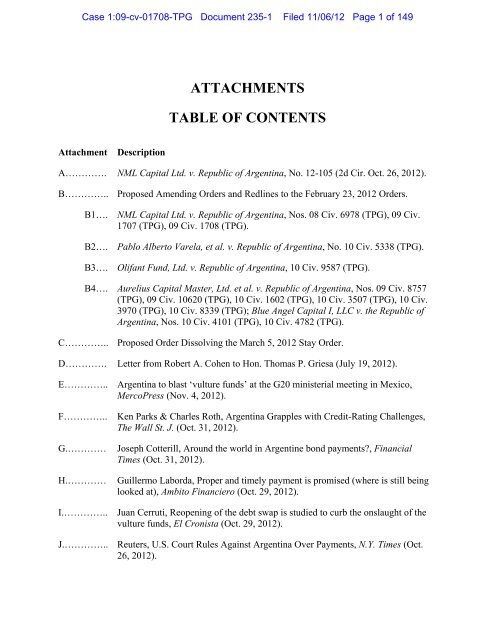 ATTACHMENTS TABLE OF CONTENTS